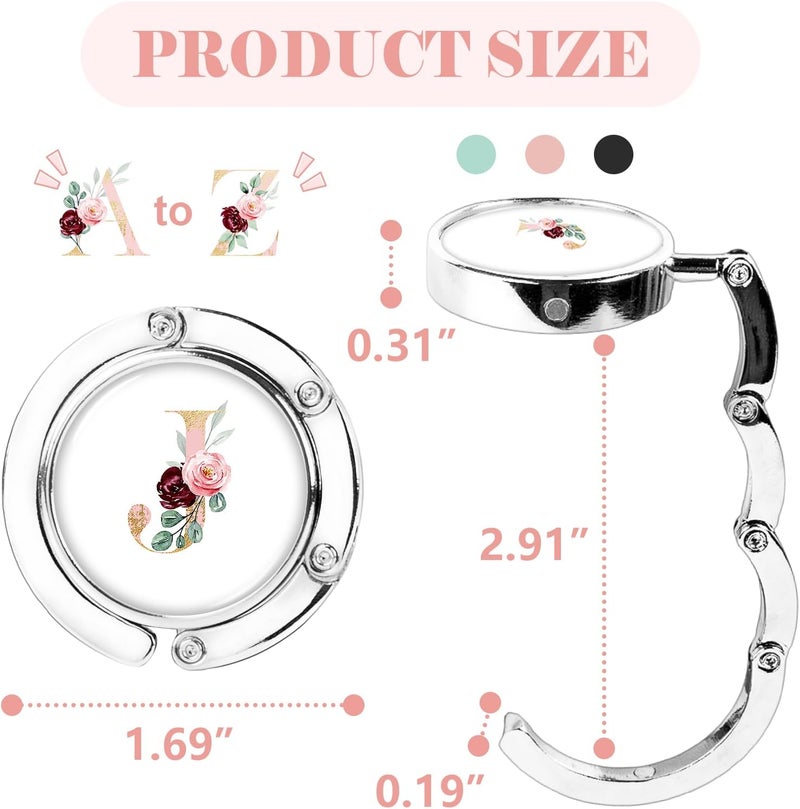 Iqimott 3pcs Personalized Initial Foldable Purse Hook for Table, Flower Letter Folding Handbag Hanger Portable Magnet Table Hook Holder, Collection Desk Purse Hooks for Women Bag (Pink-J) - Image 2