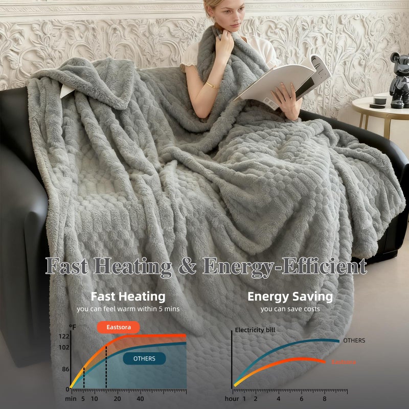 Eastsora Heated Blanket Full Flannel Blanket, 72"x84"Electric Heating Blanket with ETL & FCC & 12 Heating Levels & Auto Shut Off, Machine Washable (Light Gray) - Image 2