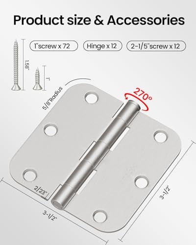 AmzGod Door Hinges Brushed Nickel - 12 Pack 3.5 Inch Rounded with 5/8" Radius Satin Nickel Door Hinges for Interior and Exterior Doors - Heavy Duty 3 1/2" Silver Residential Door Hardware - Image 2