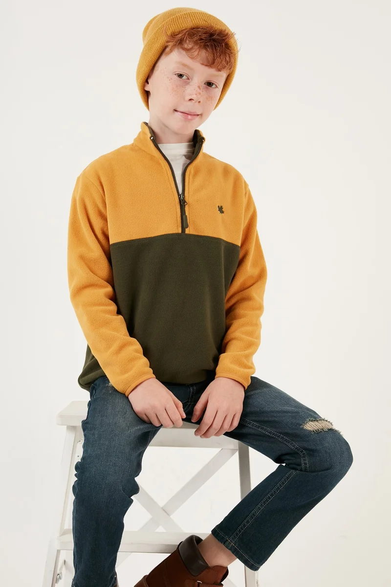Lela Soft Textured Half Zipper Color Block Stand Collar Fleece Unisex Children's Fleece 5905004