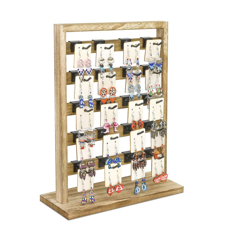 Ikee Design Wooden Jewelry Display Rack with 20 Removable Metal Hooks, Earring Card Display Holder Stand for Earring Cards, Necklaces, Bracelet, Keychain Stand, Oak Color - Image 1