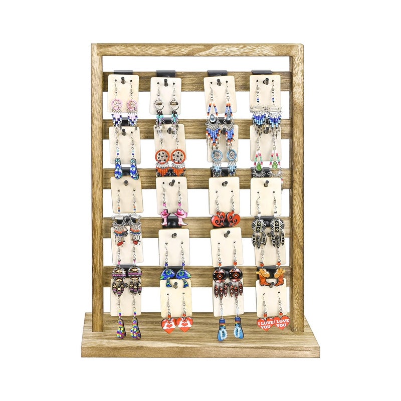 Ikee Design Wooden Jewelry Display Rack with 20 Removable Metal Hooks, Earring Card Display Holder Stand for Earring Cards, Necklaces, Bracelet, Keychain Stand, Oak Color - Image 3