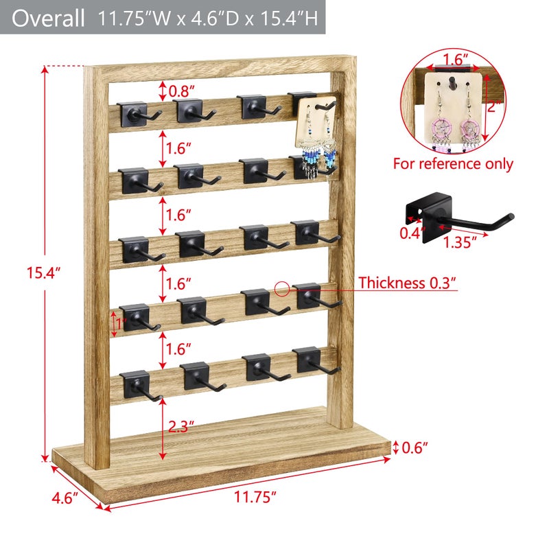 Ikee Design Wooden Jewelry Display Rack with 20 Removable Metal Hooks, Earring Card Display Holder Stand for Earring Cards, Necklaces, Bracelet, Keychain Stand, Oak Color - Image 2