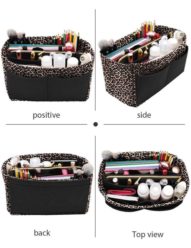 LEXSION Felt Purse Bag Organizer Insert with zipper Bag Tote Shaper Fit Speedy Neverful PM MM, B-Leopard, L - Image 5