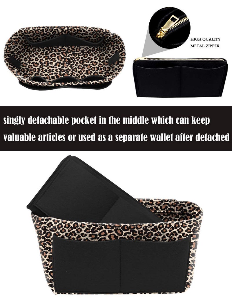 LEXSION Felt Purse Bag Organizer Insert with zipper Bag Tote Shaper Fit Speedy Neverful PM MM, B-Leopard, L - Image 2