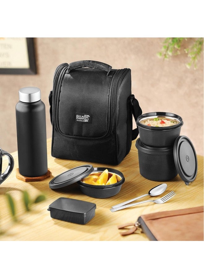 CLASSIC ESSENTIALS Supreme All in One Lunch Box with Insulated Bag | Microwave Safe Containers with Steel Inner | Leak Resistant (with Bottle, Black, 4 Containers) - Image 1