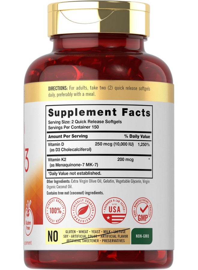 مكمل كارلايل فيتامين ك2 ود3 | 300 كبسولة هلامية | 200 ميكروغرام ك2 MK7 و10,000 وحدة دولية د3 | غير معدل وراثيًا، خالٍ من الغلوتين - Image 2