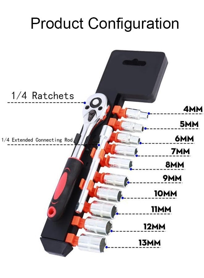 12pcs 1/4 Inch Ratchet Socket Wrench Set, Drive Socket Set with 10 Sockets (4-13mm) and 2 Way Quick Released Ratchet Handle and Extension Bar - Image 4