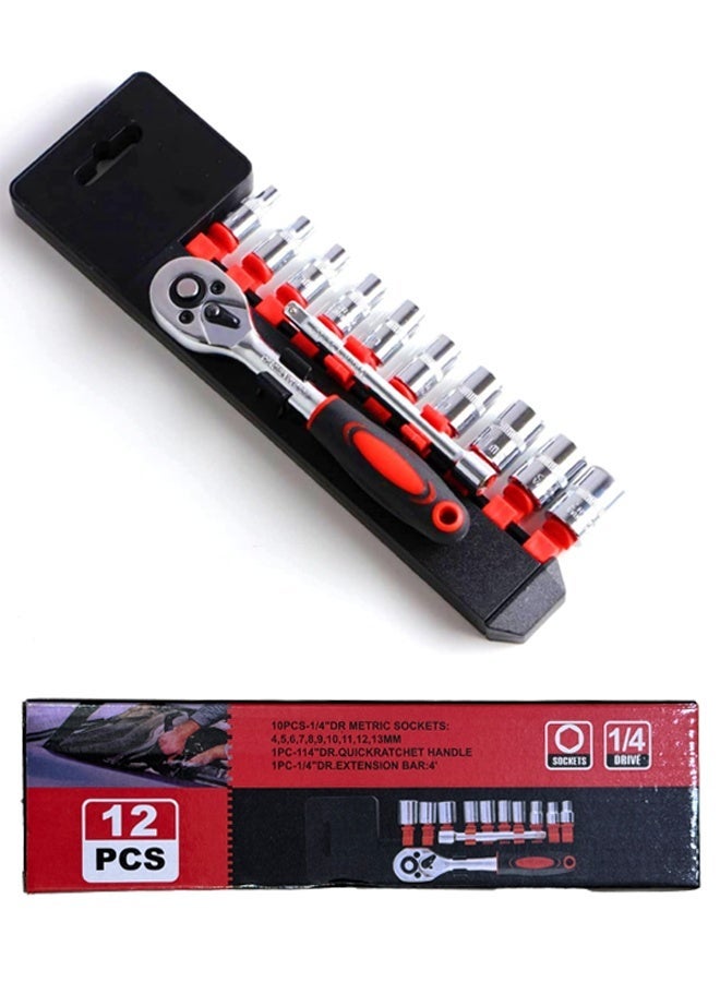 12pcs 1/4 Inch Ratchet Socket Wrench Set, Drive Socket Set with 10 Sockets (4-13mm) and 2 Way Quick Released Ratchet Handle and Extension Bar - Image 1