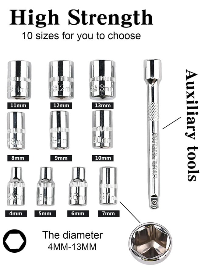 12pcs 1/4 Inch Ratchet Socket Wrench Set, Drive Socket Set with 10 Sockets (4-13mm) and 2 Way Quick Released Ratchet Handle and Extension Bar - Image 2