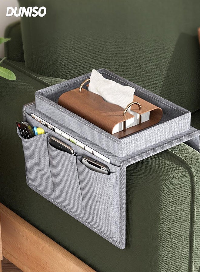 DUNISO Sofa Armrest Organizer,Foldable Sofa Armrest Hanging Storage Bag，Anti Slip Sofa Armchair Hanging Bag with Top Tray， Wear Resistant And Waterproof，for Magazines, Tablets, Mobile Phones, Ipad，Tissue Paper, Grey - Image 1
