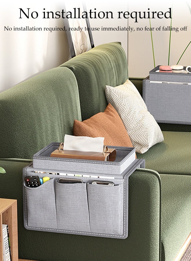 DUNISO Sofa Armrest Organizer,Foldable Sofa Armrest Hanging Storage Bag，Anti Slip Sofa Armchair Hanging Bag with Top Tray， Wear Resistant And Waterproof，for Magazines, Tablets, Mobile Phones, Ipad，Tissue Paper, Grey - Image 5
