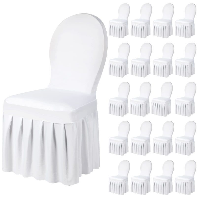 Oudain Oudain Chair Slip Covers with Skirt Wedding Long Stretch Spandex Dining Chair Cover Protectors Removable and Washable for Hotel and Wedding CeremonyWhite20 Pieces