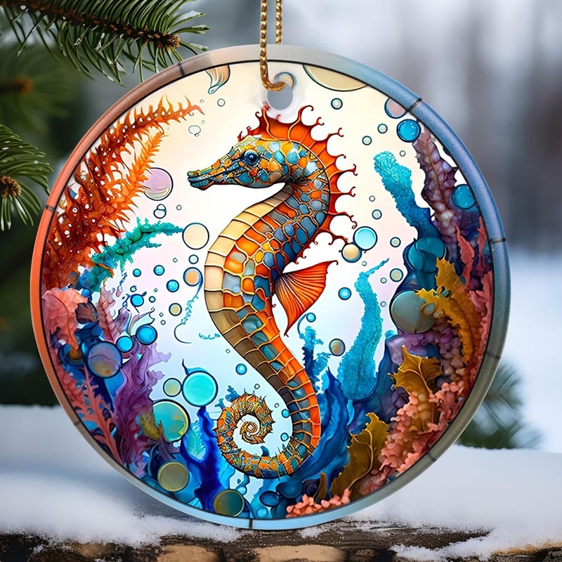 Touber Christmas Ornament, Christmas Decoration, Holiday Present Idea, Heirloom Keepsake, Round Ceramic, Gift Exchange, Gift Idea, Sea Horse - Image 1