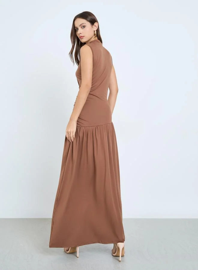 Take Two Solid High Neck Neck Ruffled Waist Sleeveless Maxi Dress