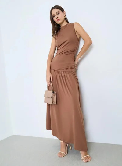 Take Two Solid High Neck Neck Ruffled Waist Sleeveless Maxi Dress