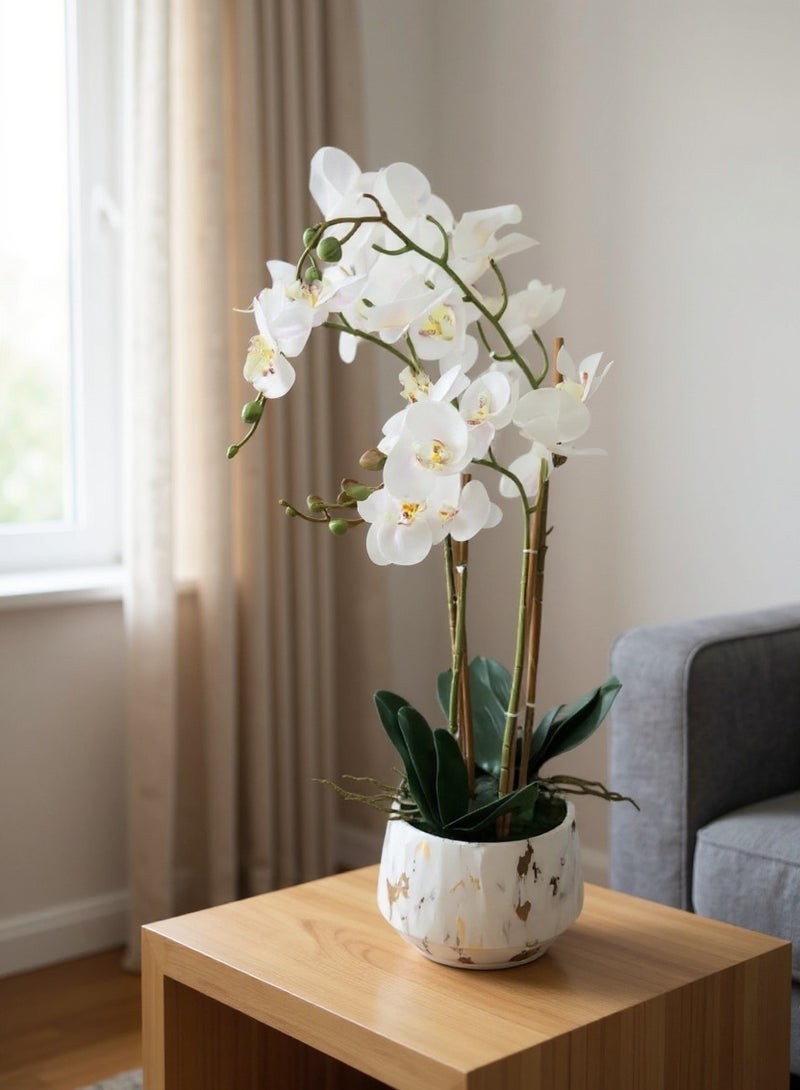 Living Multiple-stem white artificial orchid flowers, white pot, height 69 cm  - Image 1