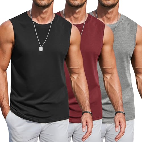 COOFANDY Men's Sleeveless Shirts Cotton 3 Pack Gym Muscle Tee Solid Soft Casual Classic Tank Tops Black/Medium Grey L - Image 1