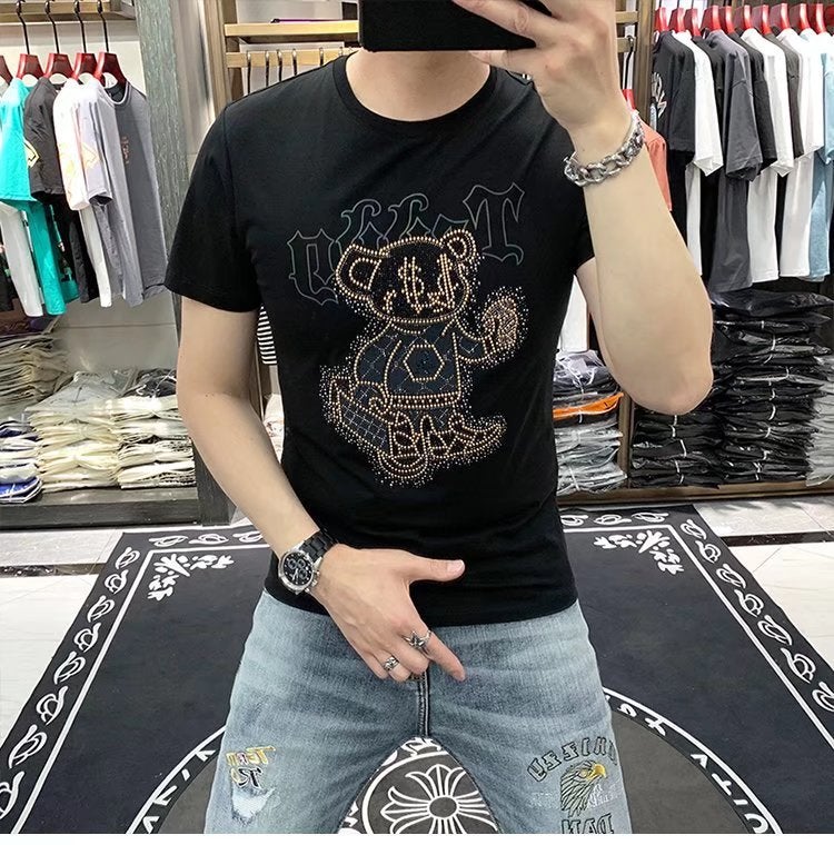 Chinese-Style Handsome Fried Street T-Shirt Men'S Trendy Drilling Summer Online Popular Short-Sleeved Summer Clothing New Slim-Fit Fashion Brand - Image 1