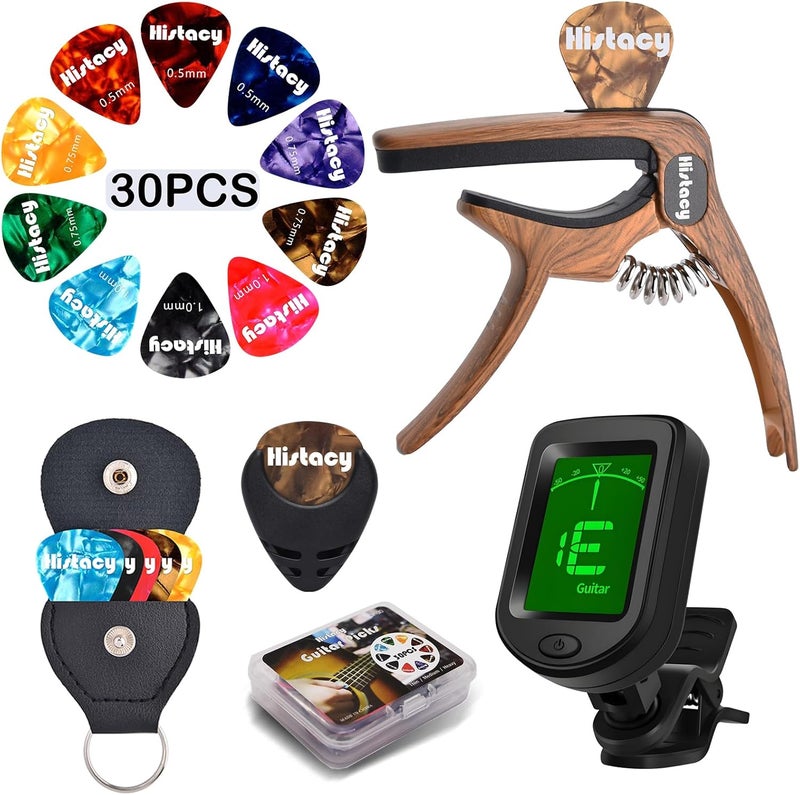 Histacy Guitar Accessories Kit: Clip On Guitar Tuner, 3 in 1 Guitar Capo, 30 Guitar Picks, Pick Holder, Leather Plectrum Pouch Keyring & Storage Case for Acoustic Electric Guitar, Bass, Ukulele - Image 1