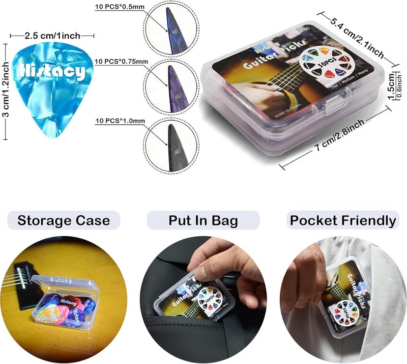 Histacy Guitar Accessories Kit: Clip On Guitar Tuner, 3 in 1 Guitar Capo, 30 Guitar Picks, Pick Holder, Leather Plectrum Pouch Keyring & Storage Case for Acoustic Electric Guitar, Bass, Ukulele - Image 4