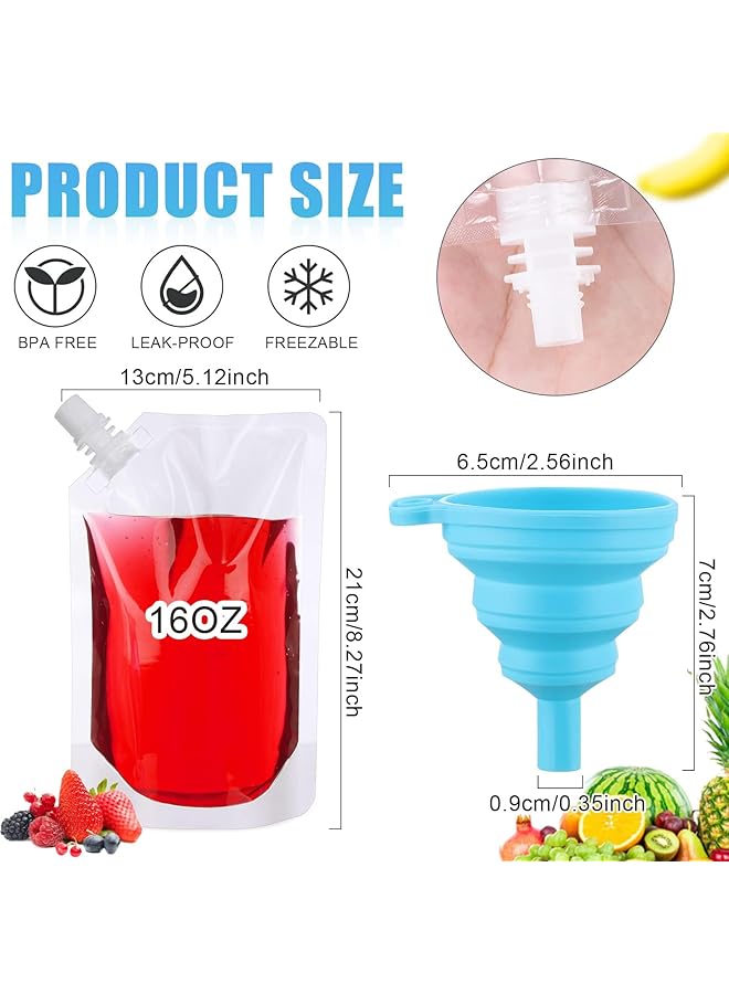 Excefore 50 Pcs 16 Oz Reusable Plastic Flask Drink Pouches With Collapsible Funnel Perfect For Travel Parties And More - Image 4