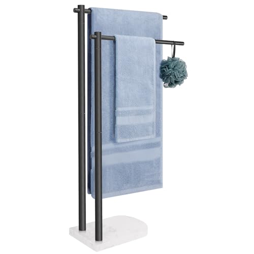Livabber Standing Towel Rack, 304 Stainless Steel 2-Tier Towel Holder Stand with Marble Base, Modern Stylish Tall Shower Towel Bar for Bathroom Accessories, Pool（Black） - Image 1