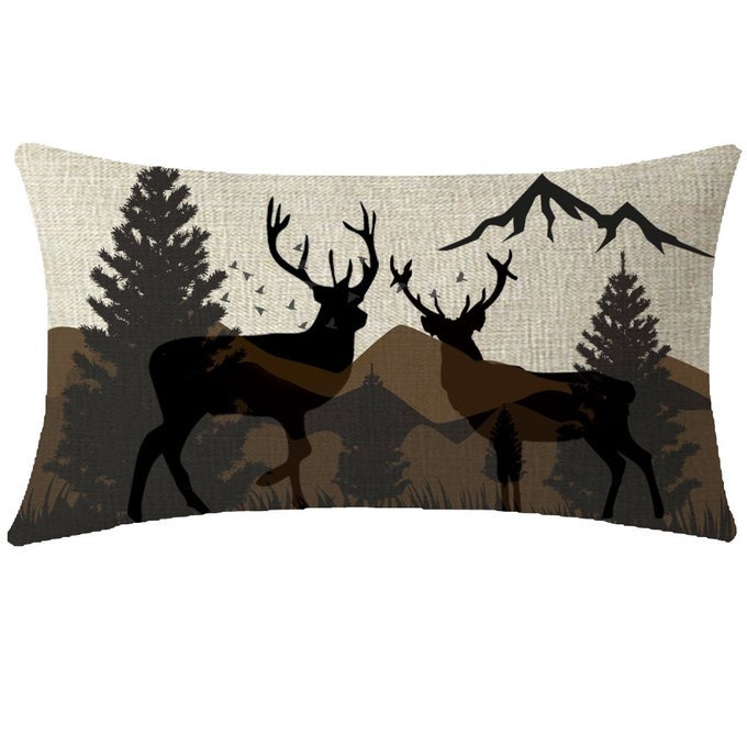HandPainted Oil Painting Rustic Forest Wildlife Deer Pine Tree Waist Lumbar Cotton Linen Throw Pillow Case Cushion Cover Long Oblong 12x20 inches Brown