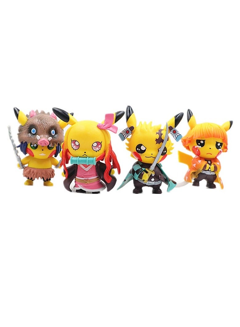 4-Piece Demon Slayer Series Figures,Lovely Pikachu dressed as Demon Slayer Doll Decorative Toy  - Image 1