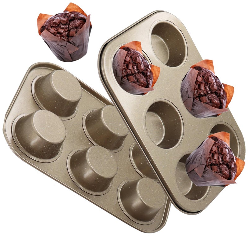 DRAONGYE 2 Packs Round Muffin Baking Pan, Premium Steel Muffin Pan for Baking, Nonstick Cupcake Tin Cheesecake Pans, Bakeware Muffin Top Pan (6 Cups, Golden) - Image 1