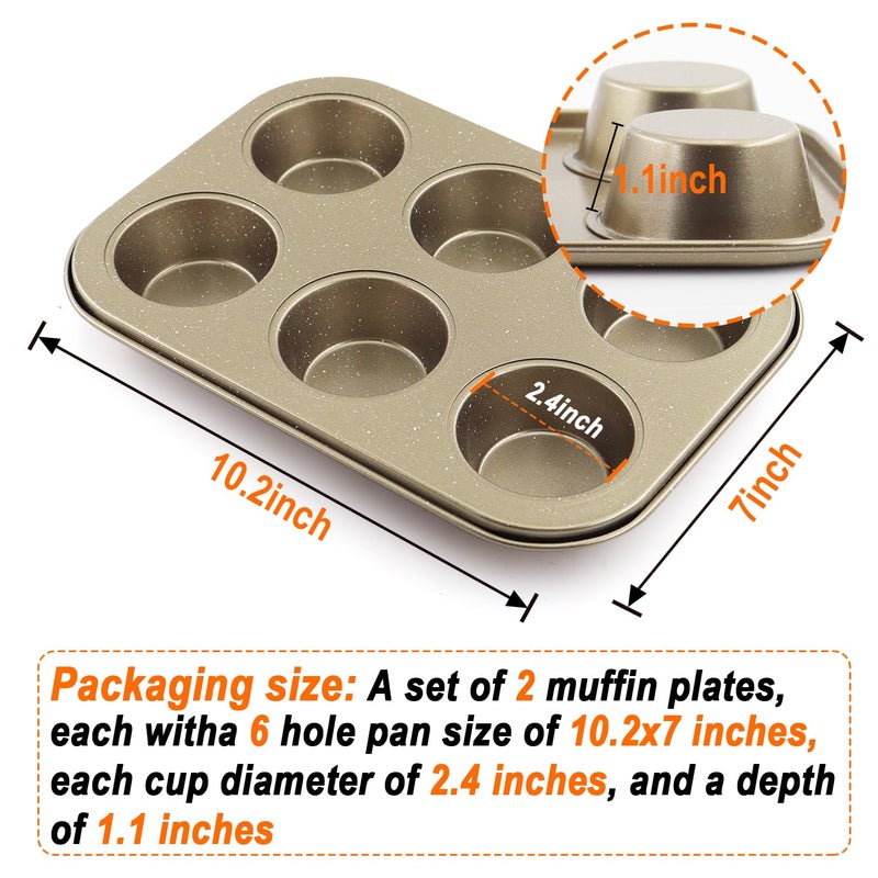 DRAONGYE 2 Packs Round Muffin Baking Pan, Premium Steel Muffin Pan for Baking, Nonstick Cupcake Tin Cheesecake Pans, Bakeware Muffin Top Pan (6 Cups, Golden) - Image 2