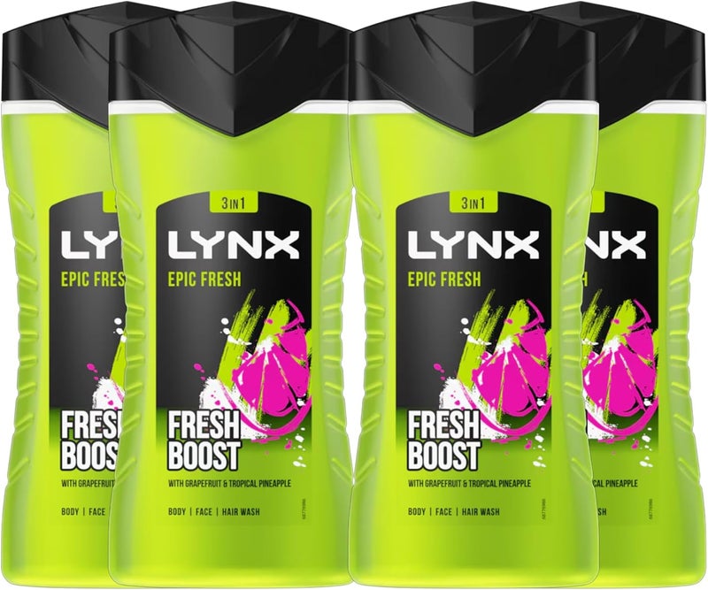 Lynx Epic Fresh Boost 3in1 Body Face and Hair Wash Grapefruit and Tropical Pineapple Shower Gel 225ml Set of 4 Click on for More Bulk Options