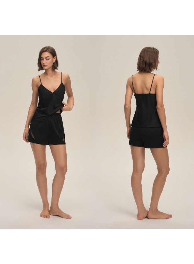 general Womens Satin Pajama Sleepwear Set Slip Short Nightwear Top With Shorts Black - Image 1
