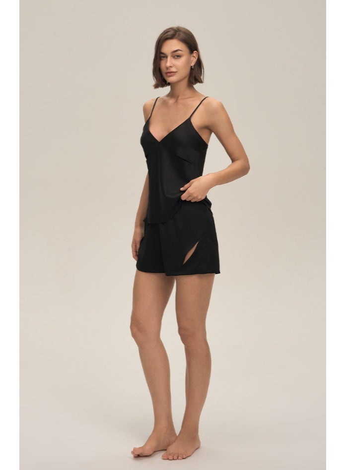 general Womens Satin Pajama Sleepwear Set Slip Short Nightwear Top With Shorts Black - Image 2