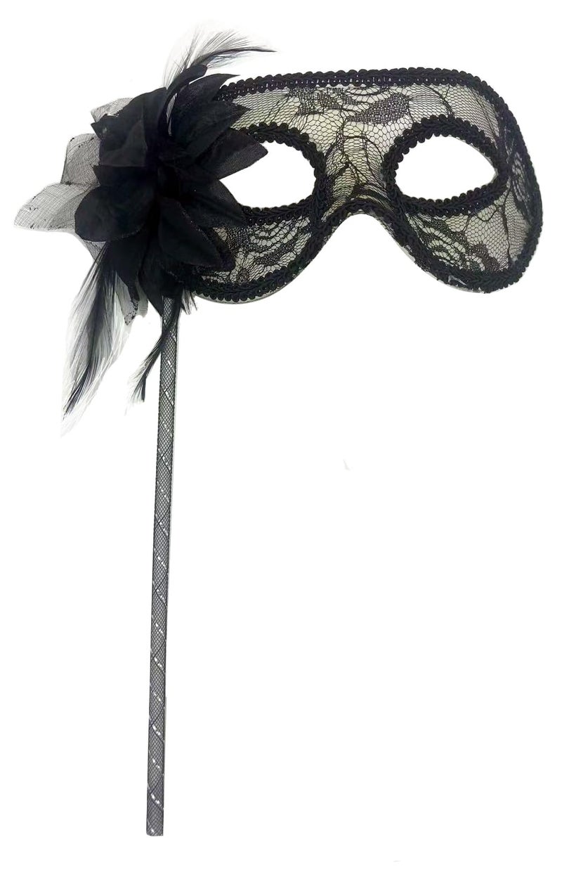 AZYOUNG Women's White White Lace Veil Translucent Half Face Mask on Stick with Side Feather Flower (Black) - Image 1