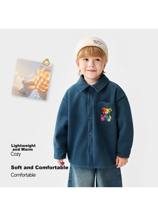 Marcolor Kids Corduroy Shirt Uni Casual Comfortable Versatile Jacket Blue Gray Colorful Bear 120 - Image 1