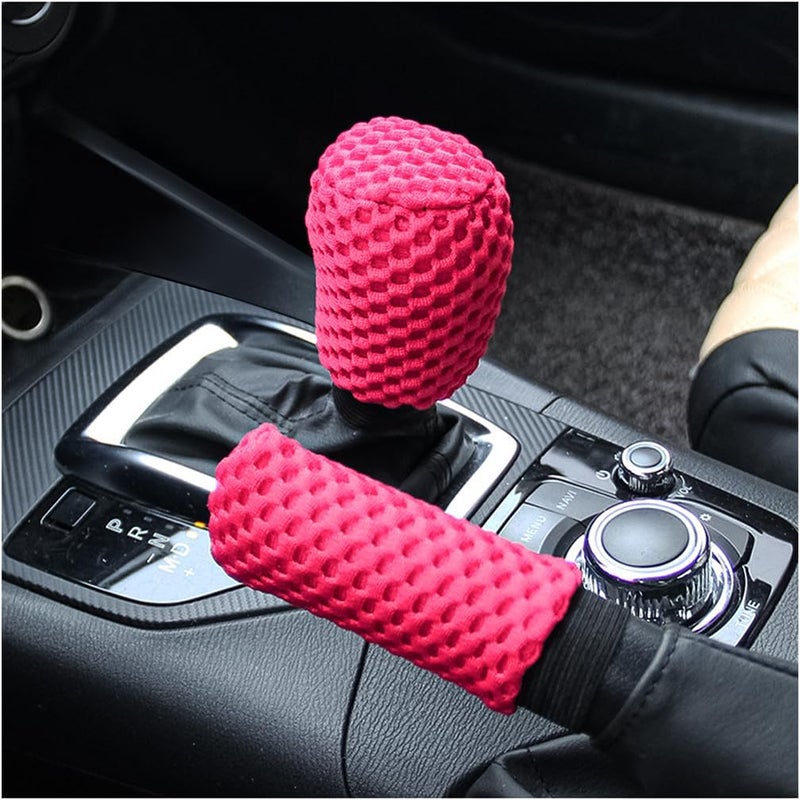 AUCELI 2 Pack Car Gear Shift Knob Cover & Handbrake Cover, Automotive Anti-Slip Breathable Comfortable Handbrake Gear Shift Protector, Vehicle Interior Accessories for SUV Truck RV (Rose Red) - Image 1
