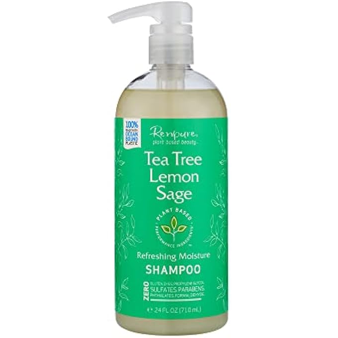 Renpure PLANT BASED TEA TREE AND ROSEMARY REFRESH AND REBALANCE SHAMPOO - SOOTHES DRY SCALP - DELIVERS MOISTURE AND SHINE - RIDS HAIR OF GRIME - DYE FREE - RECYCLABLE, PUMP BOTTLE DESIGN - 24 FL OZ - Image 1