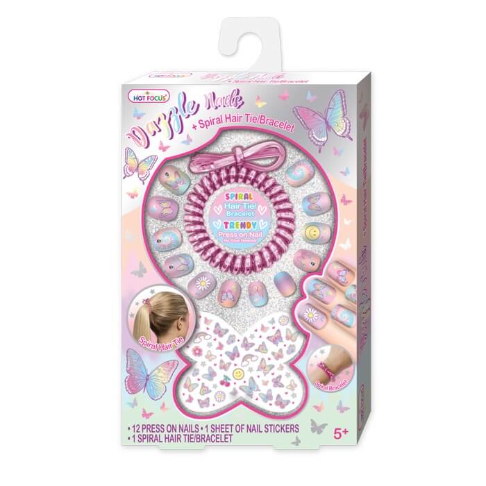 Hot Focus Dazzle Press-On Nails & Spiral Hair Tie/Bracelet Set - Image 1