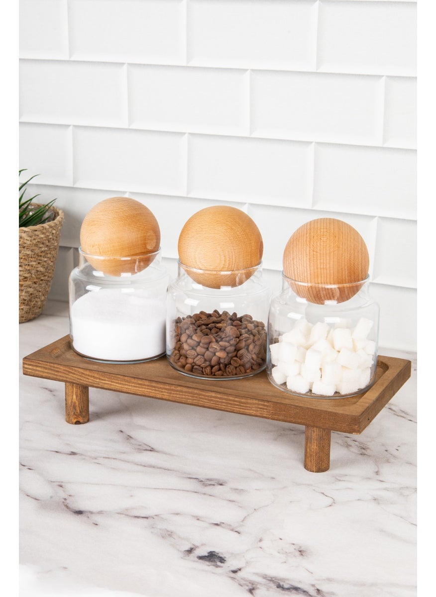 DNS Home Wooden Stand and 3-Piece Jar Set with Ball Lids Storage Container Set Spice Jar 500 ml  - Image 1