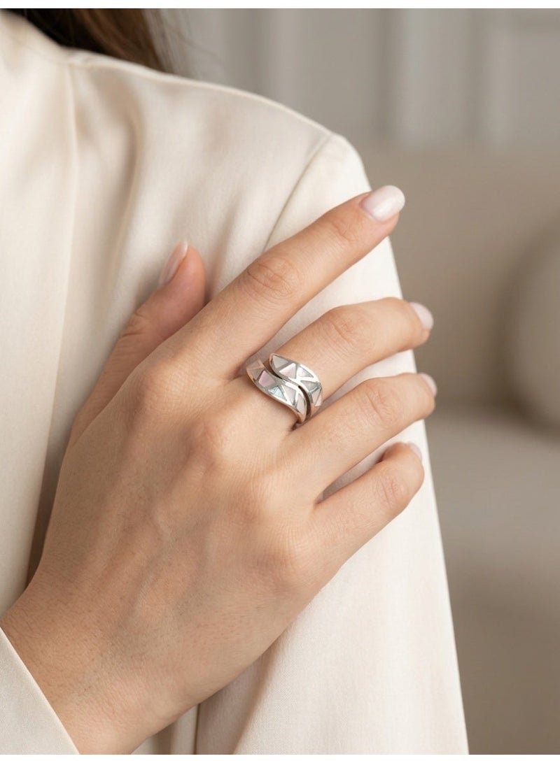 Kanira Premium 925 Sterling Silver Mother of Pearl Geometric Mosaic Ring for Women | Contemporary Openwork Statement Ring | Designer Shell Inlay Jewelry | KANIRA | Size 7 - Image 1