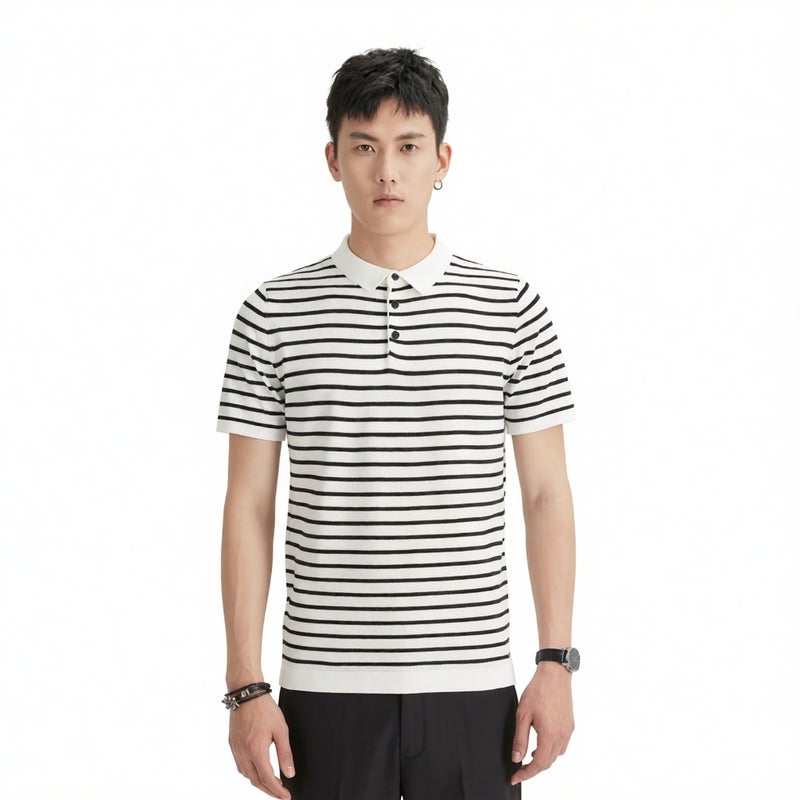 Men's Slim Fit Short Sleeve Knitted Striped Polo Shirt - Image 1