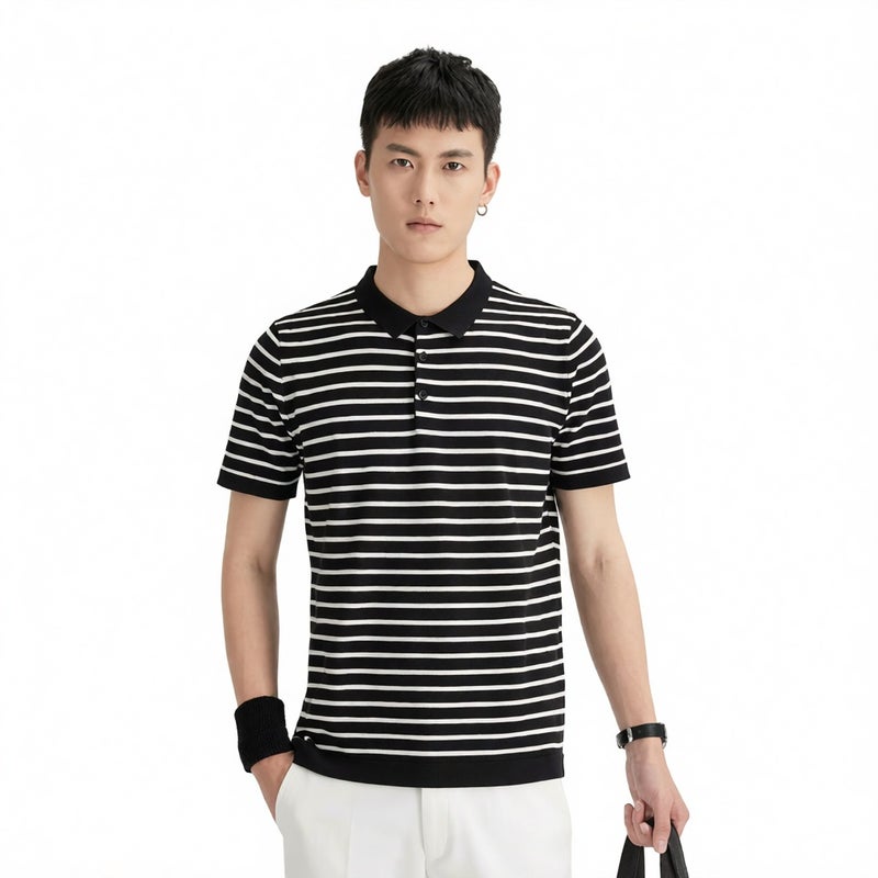 Men's Slim Fit Short Sleeve Knitted Striped Polo Shirt - Image 2