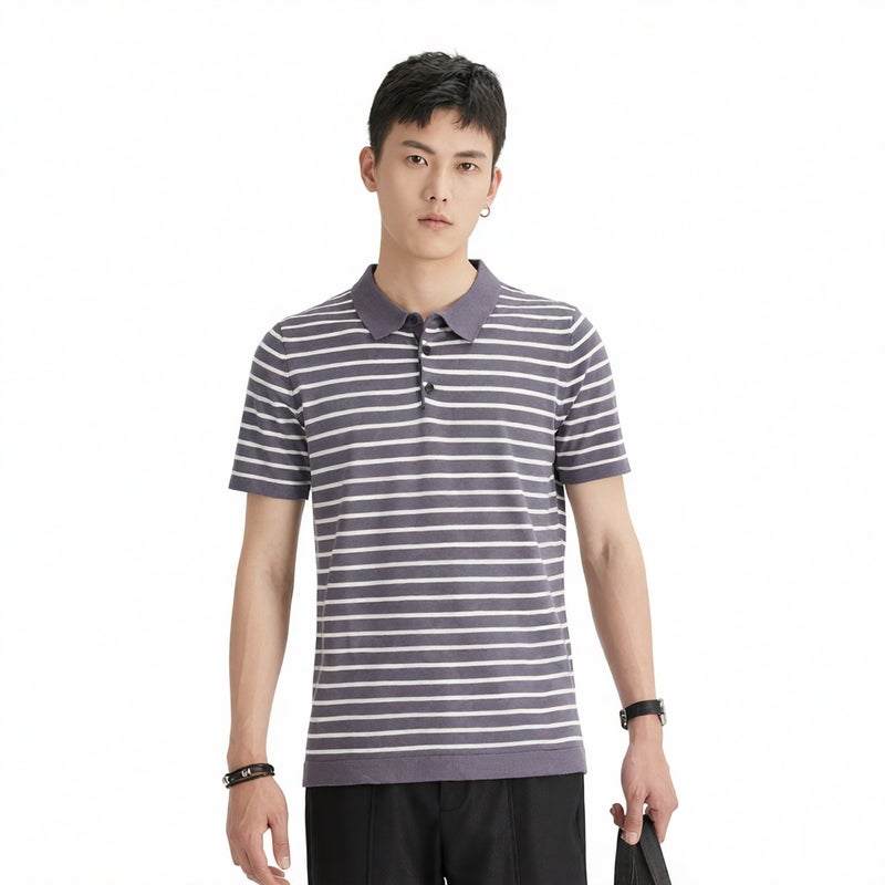 Men's Slim Fit Short Sleeve Knitted Striped Polo Shirt - Image 4