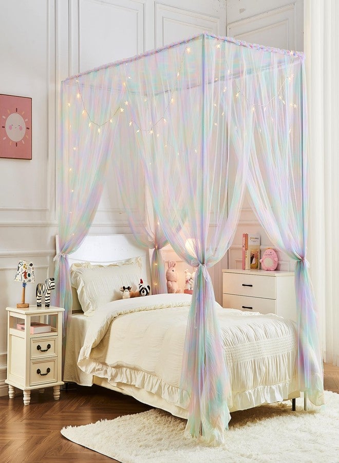 JQWUPUP Pink Rainbow Bed Canopy for Girls Kids, 4 Corner Post Romantic Princess Canopy Bed Curtains Twin for Bedroom Decor - Image 1