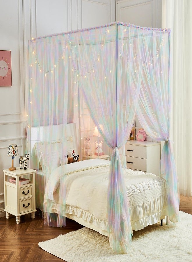 JQWUPUP Pink Rainbow Bed Canopy for Girls Kids, 4 Corner Post Romantic Princess Canopy Bed Curtains Twin for Bedroom Decor - Image 4