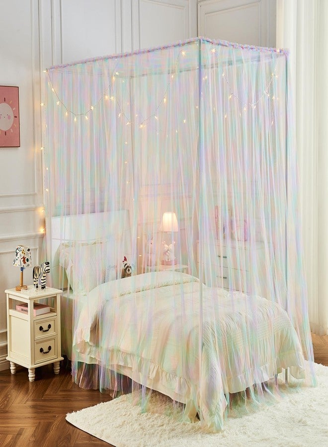 JQWUPUP Pink Rainbow Bed Canopy for Girls Kids, 4 Corner Post Romantic Princess Canopy Bed Curtains Twin for Bedroom Decor - Image 3