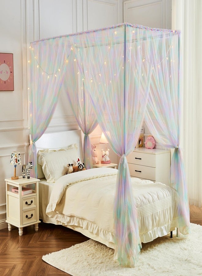 JQWUPUP Pink Rainbow Bed Canopy for Girls Kids, 4 Corner Post Romantic Princess Canopy Bed Curtains Twin for Bedroom Decor - Image 2