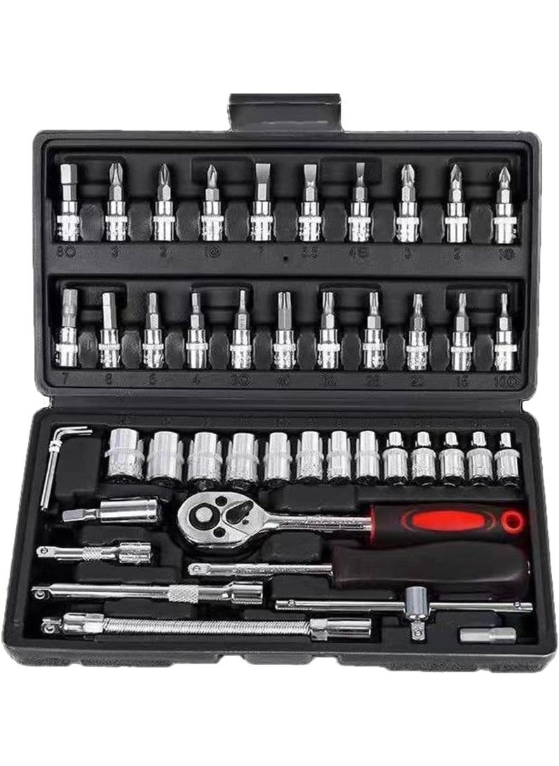 Azonee 46 Pcs Socket Wrench Set, 1/4 inch Drive Socket Ratchet Wrench Set, Automotive & Household Repair Socket Kit, Metric Socket Wrench Repair Tools  - Image 1