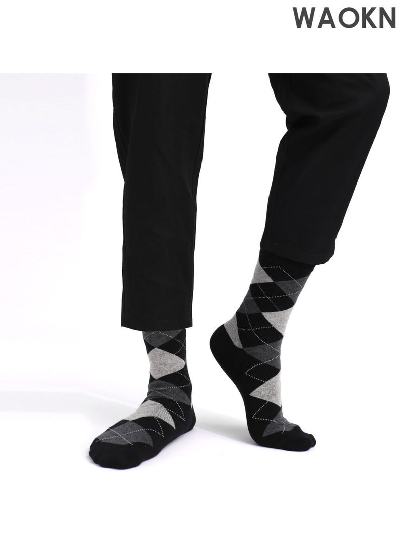WAOKN Six pairs pure cotton socks, black diamond patterned socks, American style long socks, breathable and odor proof, quick drying and sweat absorption, anti friction and not easy to pilling, suitable for business, leisure, sports and other occasions. - Image 2